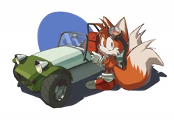 Size: 2048x1455 | Tagged: safe, artist:kaffuccino art, miles "tails" prower, sonic cd, 2026, car, classic tails, eyewear on head, goggles, goggles on head, redraw, simple background, solo, standing, vehicle, white background