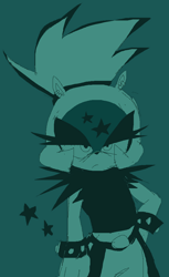 Size: 645x1056 | Tagged: safe, artist:bobbutterbutt, surge the tenrec, 2025, blue background, flat colors, frown, hand on hip, lidded eyes, monochrome, simple background, solo, standing, star (symbol)