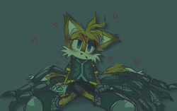 Size: 992x622 | Tagged: safe, artist:skyt903, miles "tails" prower, nine, sonic prime, 2026, bleeding, blood, bloodshot eyes, blue background, bruise, dark bags under eyes, injured, lidded eyes, looking at viewer, scratch (injury), simple background, sitting, solo