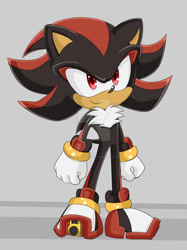Size: 1024x1368 | Tagged: safe, artist:theretrogirl, shadow the hedgehog, 2022, clenched fist, cute, deviantart watermark, grey background, head tilt, looking offscreen, obtrusive watermark, shadowbetes, simple background, smile, solo, standing, watermark