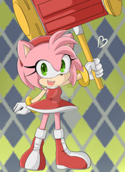 Size: 1024x1413 | Tagged: safe, artist:theretrogirl, amy rose, 2022, abstract background, amybetes, clenched fists, cute, deviantart watermark, heart, holding something, looking at viewer, mouth open, obtrusive watermark, piko piko hammer, smile, solo, standing, watermark
