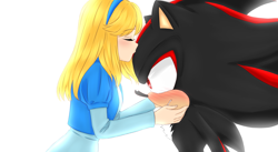 Size: 2700x1475 | Tagged: safe, artist:mephadow-emer1814, maria robotnik, shadow the hedgehog, human, 2025, age difference, blushing, duo, eyebrow clipping through hair, eyes closed, kiss, kiss on head, maria x shadow, shipping, simple background, standing, straight, white background
