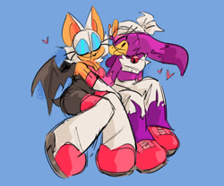 Size: 1436x1195 | Tagged: safe, artist:mintywhisker, rouge the bat, wave the swallow, 2020, blue background, cute, duo, eyes closed, heart, heart nose, lesbian, rougabetes, shipping, simple background, sitting, sketch, smile, wavabetes, wavouge