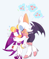 Size: 1106x1333 | Tagged: safe, artist:motobugg, rouge the bat, wave the swallow, 2017, blushing, confused, duo, exclamation mark, flying, frown, grey background, heart, hugging, lesbian, mid-air, question mark, shipping, simple background, smile, speech bubble, standing, wavouge