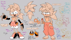 Size: 2048x1152 | Tagged: safe, artist:jubileenie, sally acorn, oc, oc:mercury acorn, chipmunk, hedgehog, 2025, bare chest, character name, clothes, dialogue, drink, english text, fankid, female, gloves, holding something, kiss, male, pants, parent:sally, parent:sonic, parents:sonally, ponytail, reference sheet, ring, shorts, soda, solo, speech bubble, teenager