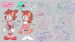 Size: 2048x1152 | Tagged: safe, artist:jubileenie, sally acorn, sonic the hedgehog, wisp, oc, oc:ariette acorn, chipmunk, hedgehog, 2025, angry, bag, carrying something, carrying them, character name, child, clothes, cooking, dialogue, dress, english text, fankid, father and child, father and daughter, female, food, fork, fried chicken, holding something, male, mother and child, mother and daughter, pants, parent:sally, parent:sonic, parents:sonally, plate, ponytail, reference sheet, running, scared, shirt, shorts, skirt, speech bubble, spoon, trio, water