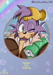 Size: 1448x2048 | Tagged: safe, artist:ellys_art_pad, rotor walrus, walrus, 2021, cap, character name, english text, hat, heart, jacket, looking at viewer, male, pride, pride month, rainbow, snowflake, solo, sparkles, wink