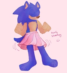 Size: 1280x1401 | Tagged: dead source, safe, artist:shrimpsodas, sonic the hedgehog, 2022, barefoot, crossdressing, english text, eyes closed, gloves off, paws, pink background, shoes off, simple background, skirt, smile, stimming, text