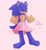 Size: 1280x1401 | Tagged: dead source, safe, artist:shrimpsodas, sonic the hedgehog, 2022, barefoot, crossdressing, english text, eyes closed, gloves off, paws, pink background, shoes off, simple background, skirt, smile, stimming, text