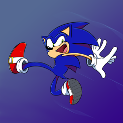 Size: 1605x1605 | Tagged: safe, artist:massoholic, sonic the hedgehog, hedgehog, 2021, absurd res, gradient background, jumping, looking back, male, mid-air, mouth open, open smile, smile, solo, treads, vulgar description