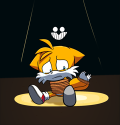 Size: 1217x1269 | Tagged: safe, artist:massoholic, miles "tails" prower, robotnik, human, 2021, abuse, bondage, clenched teeth, crying, duo, floppy ears, inktober, rope, sitting, solo focus, spotlight, tails abuse, tears, tears of fear, tied up, treads, unsexy bondage