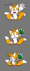 Size: 928x2160 | Tagged: safe, artist:massoholic, miles "tails" prower, oc, oc:anon, 2022, ambiguous gender, blushing, canon x oc, disembodied hand, duo, embarrassed, english text, grey background, hand on mouth, hand up, holding hands, looking away, shipping, shrunken pupils, simple background, smile, solo focus, surprised, talking, talking to viewer, text, vulgar description