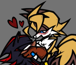 Size: 929x800 | Tagged: safe, artist:pinklapony_, miles "tails" prower, shadow the hedgehog, 2025, blushing, brown gloves, duo, flat colors, frown, fur markings, gay, gloves, grey background, heart, holding each other, hugging, lidded eyes, looking at each other, mouth open, one fang, shadow x tails, shipping, simple background, smile