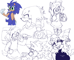 Size: 2048x1661 | Tagged: safe, artist:battiegutz, amy rose, knuckles the echidna, rouge the bat, sonic the hedgehog, frog, 2022, alternate outfit, beanbrows, blushing, chaos emerald, clenched teeth, cross popping vein, cute, dust clouds, ear piercing, earring, fangs, flat colors, freckles, frown, fur markings, grey background, group, holding something, lidded eyes, line art, literal animal, looking at something, looking back, looking offscreen, monochrome, mouth open, one fang, piko piko hammer, simple background, smile, soda, sonabetes, spindash, standing, star (symbol), thumbs up