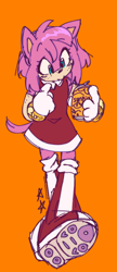 Size: 884x2048 | Tagged: safe, artist:battiegutz, amy rose, hedgehog, 2022, alternate version, amybetes, boots, colored version, cute, eyebrow clipping through hair, eyestrain, female, freckles, holding something, looking at something, orange background, pout, simple background, sketch, soda, solo, star (symbol), treads, walking
