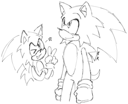Size: 2048x1667 | Tagged: safe, artist:battiegutz, sonic the hedgehog, 2023, blushing, clenched fists, line art, looking at viewer, looking up, monochrome, mouth open, multiple views, simple background, sketch, smile, solo, star (symbol), v sign, white background, wink