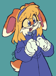 Size: 1528x2048 | Tagged: safe, artist:battiegutz, maria robotnik, rabbit, 2023, clothes, cute, eye clipping through hair, eyebrow clipping through hair, eyelashes, female, flat colors, looking offscreen, mariabetes, mobianified, mouth open, nasal cannula, one fang, open smile, simple background, sketch, smile, solo, species swap, standing, star (symbol), turquoise background, yellow sclera