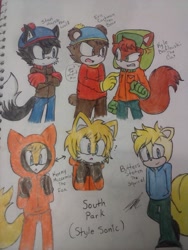 Size: 960x1280 | Tagged: safe, artist:idalyaoisonic1344, bear, cat, fox, squirrel, wolf, 2015, angry, argument, arms folded, barely sonic related, beanie, butters stotch, character name, clenched teeth, coat, english text, eric cartman, frown, gloves, group, hat, hood up, jacket, kenny mccormick, kyle broflovski, looking at each other, looking at them, looking at viewer, mobianified, pants, pointing, question mark, smile, south park, stan marsh, standing, text, traditional media, ushanka hat