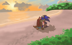 Size: 1280x798 | Tagged: safe, artist:sassymelvin, sally acorn, sonic the hedgehog, chipmunk, hedgehog, 2024, beach, bikini, clothes, duo, female, flower, flower in ear, kiss, long hair, male, sally x sonic, sarong, shipping, shirt, sitting, straight, sun, sunset