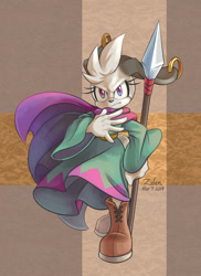 Size: 896x1228 | Tagged: safe, artist:mofuzelen, thorn the lop, rabbit, 2019, ear piercing, female, holding something, looking offscreen, piercing, pose, solo, spear, weapon