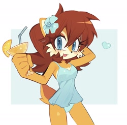 Size: 1536x1510 | Tagged: safe, artist:candleyy, sally acorn, chipmunk, 2026, abstract background, alternate outfit, clothes, cocktail, cocktail glass, dress, drink, female, flower, flower in ear, fruit, heart, holding something, looking at viewer, mouth open, open smile, orange, pose, simple background, smile, smiling at viewer, solo, summer