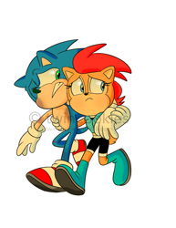 Size: 782x1012 | Tagged: safe, artist:twincubcakes, sonic the hedgehog, chipmunk, hedgehog, sonic forces, 2017, carrying them, duo, female, frown, looking offscreen, male, one eye closed, running, sally x sonic, sally's ringblader outfit, scar, shipping, simple background, straight, watermark, white background, wound