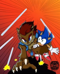 Size: 2048x2538 | Tagged: safe, artist:erictmason, artist:fini-mun, sally acorn, sonic the hedgehog, chipmunk, hedgehog, 2021, blushing, carrying them, duo, female, male, reaching towards the viewer, running, sally x sonic, sally's vest and boots, shipping, straight, were form
