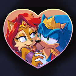 Size: 1920x1920 | Tagged: safe, artist:angiethecat, sally acorn, sonic the hedgehog, chipmunk, hedgehog, 2024, crown, duo, female, hands together, heart, king sonic, looking at each other, male, queen sally acorn, sally x sonic, shipping, smile, straight, tiara