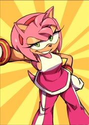 Size: 809x1128 | Tagged: safe, artist:sen_animaten, amy rose, abstract background, female, green eyes, grin, hand on hip, lidded eyes, looking up, riders outfit, selfie, smile, smirk, solo