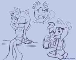 Size: 3030x2400 | Tagged: safe, artist:lady_doppel, amy rose, boxing gloves, female, sitting, sketch, sweat, watermark, workout outfit