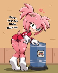 Size: 1512x1889 | Tagged: suggestive, artist:sirsmolnsfw, amy rose, ponytail, punching bag, rear view, socks, sweat, workout outfit