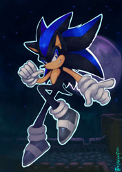 Size: 1024x1449 | Tagged: safe, artist:nazo_kg, oc, oc:seelkadoom the hedgehog, hedgehog, 2024, abstract background, clenched fist, clenched teeth, fusion, fusion:shadow, fusion:sonic, grey shoes, looking at viewer, mid-air, moon, outline, pointing, signature, smile, solo, star (sky)