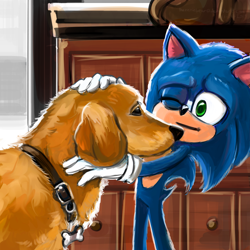 Size: 800x800 | Tagged: safe, artist:theeeriebear, ozzy the dog, sonic the hedgehog, dog, sonic the hedgehog (2020), 2019, abstract background, collar, duo, hugging, indoors, literal animal, redraw, standing