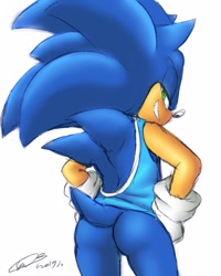Size: 1000x1250 | Tagged: suggestive, artist:fsonic3, editor:flamez 137, sonic the hedgehog, 2019, alternate version, butt, color edit, colored version, edit, from behind, hands on hips, lidded eyes, looking at viewer, looking back at viewer, looking hack, mario and sonic at the 2020 olympic games, signature, smile, solo, standing, stupid sexy sonic, tank top