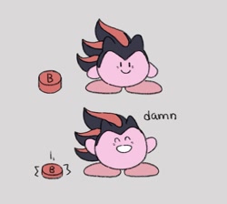 Size: 1115x997 | Tagged: safe, artist:keroberrycola, shadow the hedgehog, 2018, barely sonic related, button, cosplay, crossover, cute, damn, dialogue, english text, eyes closed, flat colors, grey background, hat, kirby, mouth open, simple background, smile, solo, talking, text