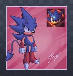 Size: 1977x2048 | Tagged: safe, artist:reykey_xzspb, sonic the hedgehog, sonic 3d blast, 2026, alternate eye color, boots, clenched fists, frown, gloves, long tail, looking offscreen, redesign, reference inset, signature, solo, spiked shoes