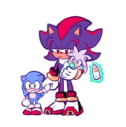 Size: 640x643 | Tagged: safe, artist:nbnb_bu, shadow the hedgehog, silver the hedgehog, sonic the hedgehog, hedgehog, 2016, aged down, baby, child, grin, holding something, male, milk, pacifier, telekinesis, trio