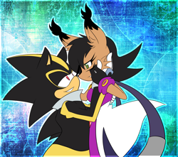 Size: 2015x1781 | Tagged: safe, artist:kamiraexe, nicole the hololynx, hedgehog, lynx, 2014, abstract background, clothes, deroboticized, duo, female, looking at each other, male, nicole x shard, sharp teeth, shipping, smile, straight