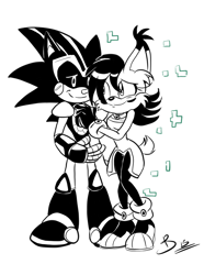 Size: 1024x1380 | Tagged: safe, artist:chaoshybrid, nicole the hololynx, lynx, 2015, black and white, blushing, duo, female, hololynx, looking at each other, male, nicole x shard, robot, sharp teeth, shipping, simple background, smile, straight, white background