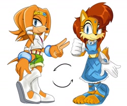 Size: 2048x1710 | Tagged: safe, artist:p1ctur33, sally acorn, tikal, chipmunk, echidna, 2025, duo, exhidna, female, looking at viewer, outfit swap, pose, sally's ringblader outfit, simple background, smile, white background