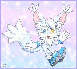 Size: 1950x1750 | Tagged: safe, artist:starshiney-chan, oc, oc:yukichi the jackcat, cat, hybrid, jackal, 2024, abstract background, albino, blue shoes, chest fluff, ear fluff, fangs, gloves, heterochromia, jackcat, male, mouth open, neck fluff, oc only, open smile, shoes, signature, smile, solo, solo male, sparkles, treads, waving