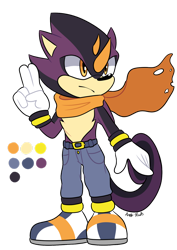 Size: 1024x1449 | Tagged: safe, artist:anettruby, oc, 2019, belt, black fur, chameleon, clothes, color palette, frown, fur markings, gloves, horns, jeans, male, oc only, pants, peach fur, posing, purple fur, scarf, shoes, signature, simple background, solo, solo male, standing, topless, torn scarf, transparent background, unnamed oc, yellow eyes