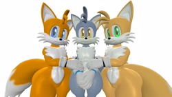 Size: 1920x1080 | Tagged: suggestive, artist:kabalmystic, artist:katfox, miles "tails" prower, oc, oc:kat the fox, oc:sunny the fox, fox, 2025, 3d, aged up, blue eyes, green eyes, hands together, holding them, looking at viewer, male, males only, simple background, smile, standing, trio, trio male, two tails, white background, yellow eyes