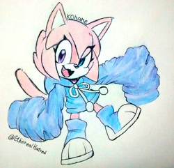 Size: 1280x1233 | Tagged: safe, artist:blakeyagami, oc, oc:kohane, cat, 2021, blue shoes, boots, character name, cute, eye clipping through hair, eyelashes, female, heterochromia, looking at viewer, mouth open, oc only, ocbetes, one fang, oversized, pink fur, signature, smile, solo, solo female, text, traditional media