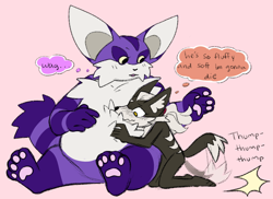 Size: 888x646 | Tagged: safe, artist:bbgatile, big the cat, infinite the jackal, cat, jackal, barefoot, big x infinite, blushing, crack shipping, duo, duo male, english text, flat colors, gay, gloves off, hugging, kneeling, male, males only, pawpads, paws, pink background, sfx, shipping, shoes off, simple background, sitting, smile, stomach fluff, text, thought bubble, wagging tail