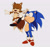 Size: 1455x1374 | Tagged: safe, artist:holidaymidi, miles "tails" prower, sonic the hedgehog, fox, hedgehog, adventures of sonic the hedgehog, 2025, arms out, carrying them, classic sonic, classic tails, cute, duo, duo male, eyes closed, grey background, lifting them, male, males only, mouth open, one fang, simple background, smile, sonabetes, standing, tailabetes, treads
