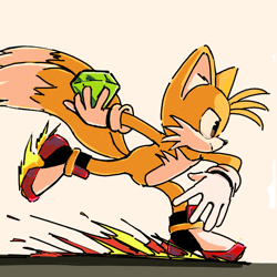 Size: 660x660 | Tagged: safe, artist:genesishero, miles "tails" prower, fox, 2026, chaos emerald, frown, holding something, male, shadow's hover skates, shoe swap, side view, simple background, skating, solo, solo male, white background