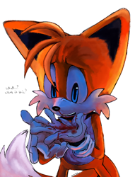 Size: 1046x1369 | Tagged: safe, artist:sm0lb3ar, miles "tails" prower, fox, 2025, bleeding, blood, dialogue, english text, injured, looking at something, male, mouth open, nosebleed, simple background, solo, solo male, standing, text, white background, worried