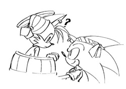 Size: 600x425 | Tagged: safe, artist:kuteun0, miles "tails" prower, sails, sonic the hedgehog, sonic prime, 2026, barrel, duo, frown, gay, line art, looking at each other, monochrome, pirate outfit, question mark, sails x sonic, shipping, simple background, smile, sonic x tails, white background