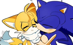 Size: 600x368 | Tagged: safe, artist:pupu77859245726, miles "tails" prower, sonic the hedgehog, 2026, blushing, cute, duo, eyes closed, frown, gay, kiss, kiss on cheek, shipping, simple background, sonabetes, sonic x tails, tailabetes, white background